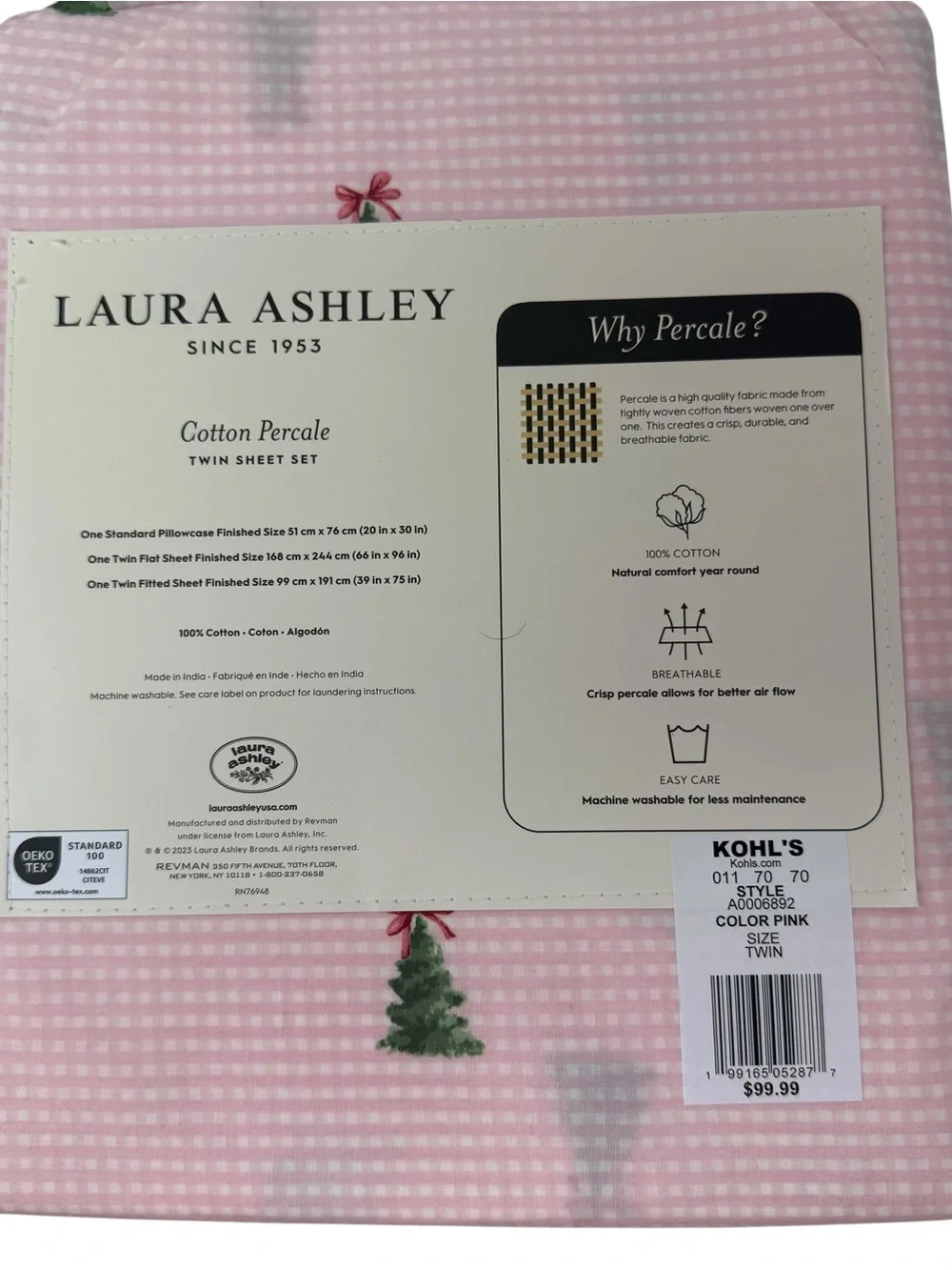 Laura Ashley Twin Size Cotton Percale Sheet Set Christmas Trees Bows Pink NWT